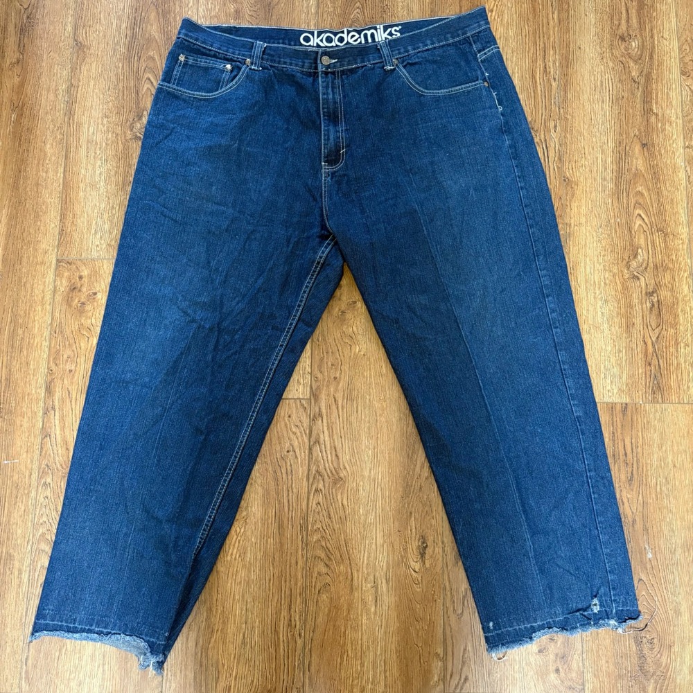 Akademiks Mens Baggy Jeans 50x31 Dark Wash Raw Hem Y2K Streetwear Denim grunge